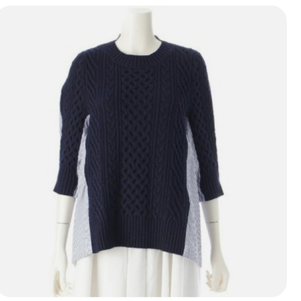 Sacai cable knit striped docking sweater tops blouse SCW-108 Navy Size 4 /US 12